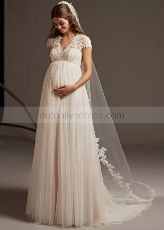 Ivory Lace Tulle Keyhole Back Pregnant Women Wedding Dress